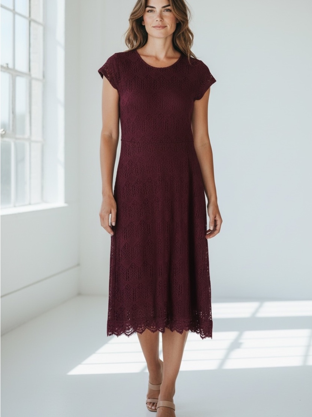 DE Collection Wine Lace Cap-Sleeve Midi Dress Art Deco Knit